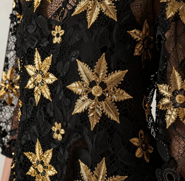 Close-up of intricate gold embroidery on premium black lace fabric, diffused studio strobes, elegant high-contrast details