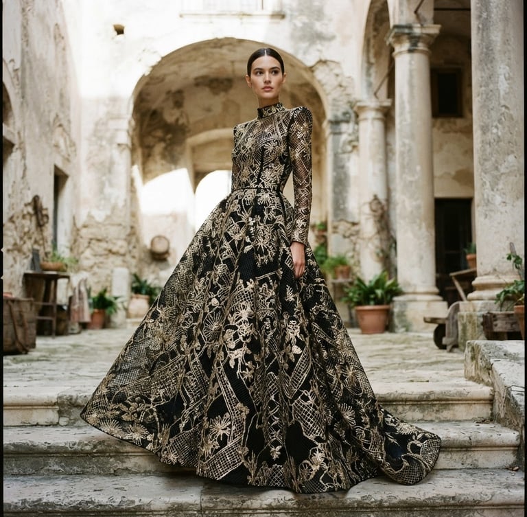Editorial fashion wide shot of model wearing structured mesh embroidered gown, soft natural daylight, high-contrast black and gold tones, 35mm