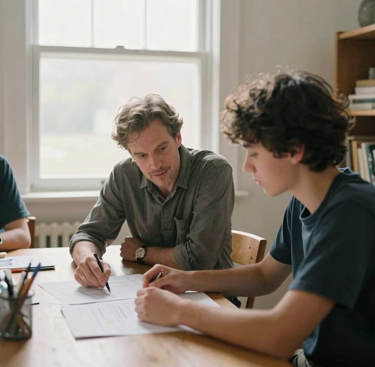 A wide environmental portrait of a mentor and a student discussing a project at a wooden table, warm natural window light, authentic candid moment.