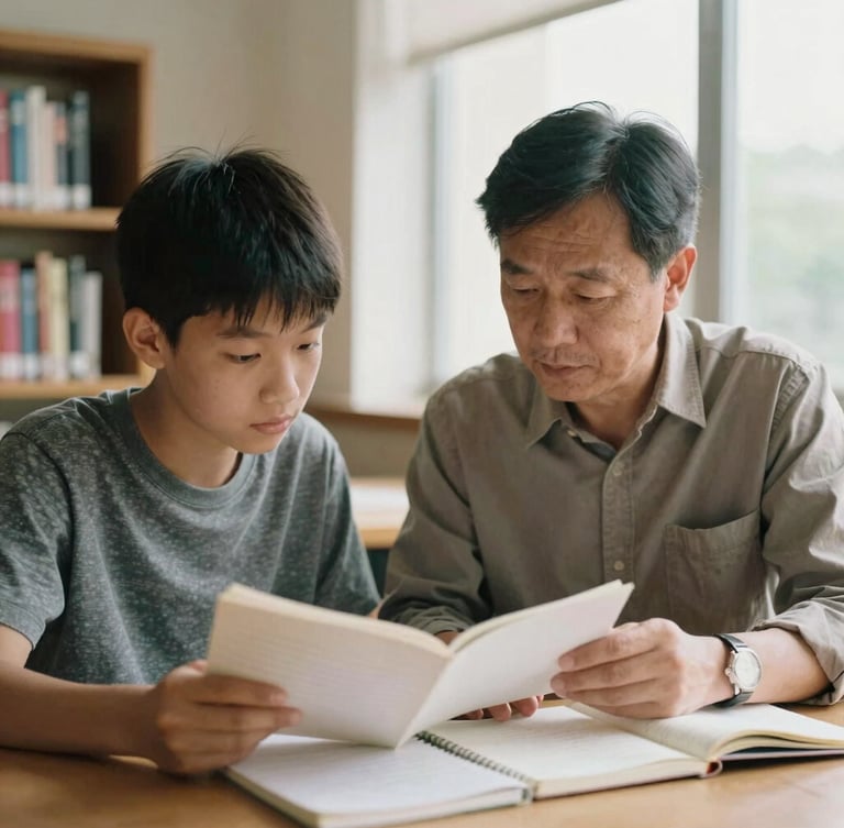 A mentor and a young adult student looking over notebook pages together in a sunlit public library, soft natural light, authentic candid documentary.