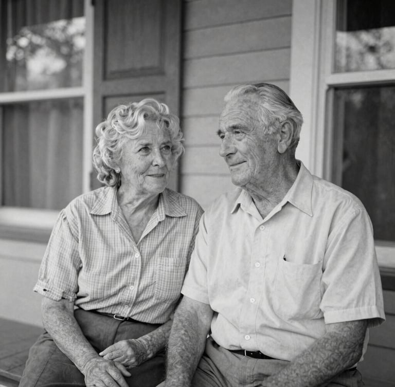 A warm, historical black-and-white medium portrait of an elderly couple sitting together on a porch in soft, indirect natural daylight, authentic human connection, 35mm film grain style