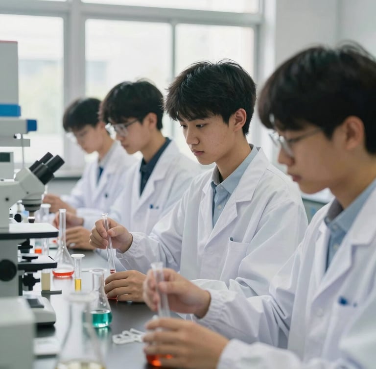 Candid medium shot of high school students in white lab coats conducting a chemistry experiment under bright window light, focused expressions, modern laboratory equipment.