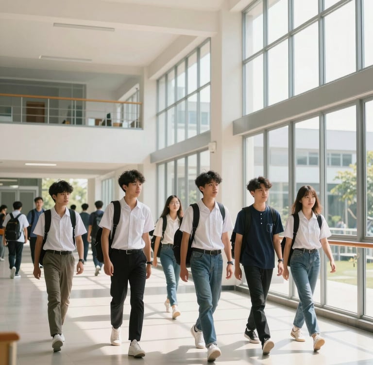 Candid wide shot of students walking through a bright, modern school corridor with natural daylight streaming through tall glass windows, clean architectural lines.