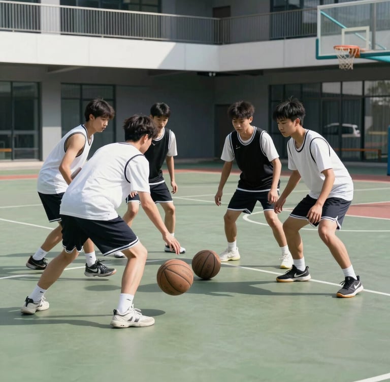 Candid shot of students in sports uniforms collaborating during a basketball drill on a clean, modern outdoor court under bright daylight.