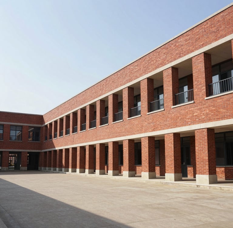Wide environmental shot of the modern brick campus architecture of Panchsheel Public School, bright natural daylight, clean geometric lines, generous negative space on the left.