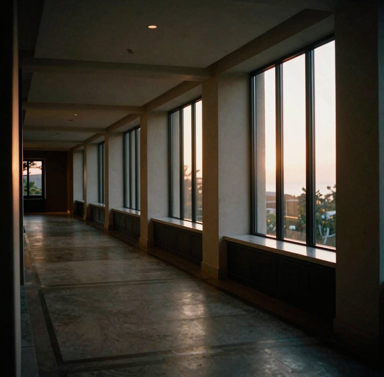 Elegant, empty hotel corridor at a luxury resort, soft golden hour light filtering from large windows, architectural lines, muted deep tones.