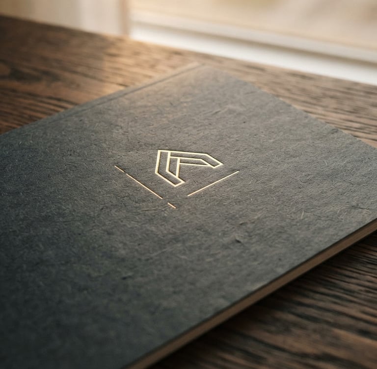 Close-up of a premium, textured paper report cover with subtle gold foil lettering, resting on a dark wood surface, soft diffused light, editorial style.