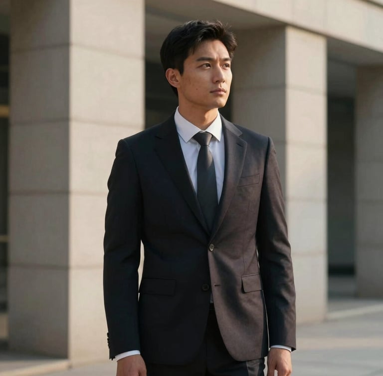 A professional advisor in a dark tailored suit, looking thoughtfully off-camera, soft natural side lighting, clean architectural background
