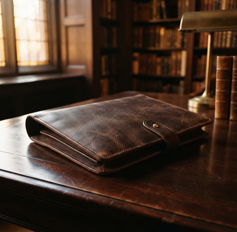 A close-up of a leather-bound portfolio resting on a dark mahogany desk, soft golden hour light streaming through a library window, quiet luxury atmosphere