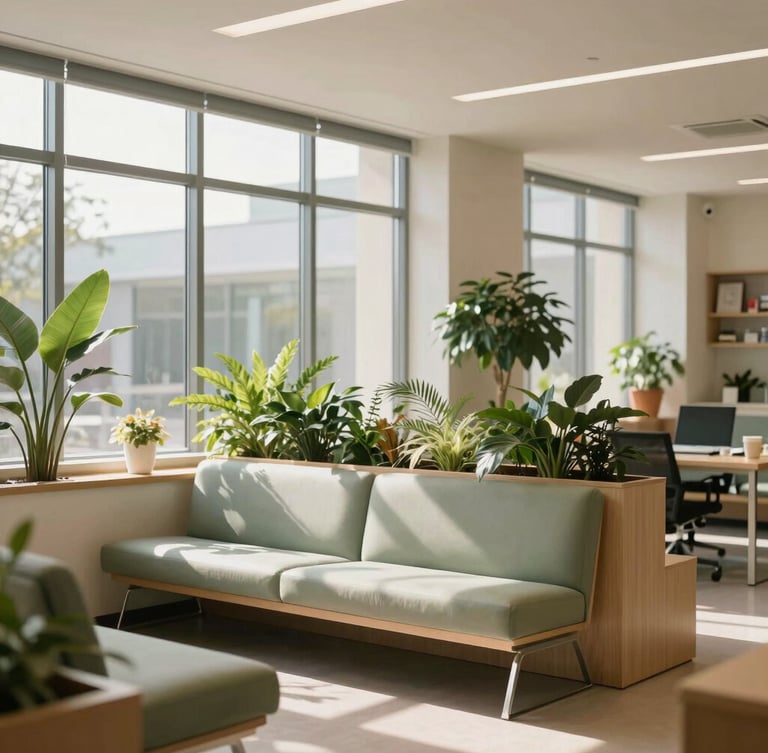 Warm architectural editorial photography, bright plants-filled medical coworking waiting room with soft natural daylight streaming through large windows, 35mm lens