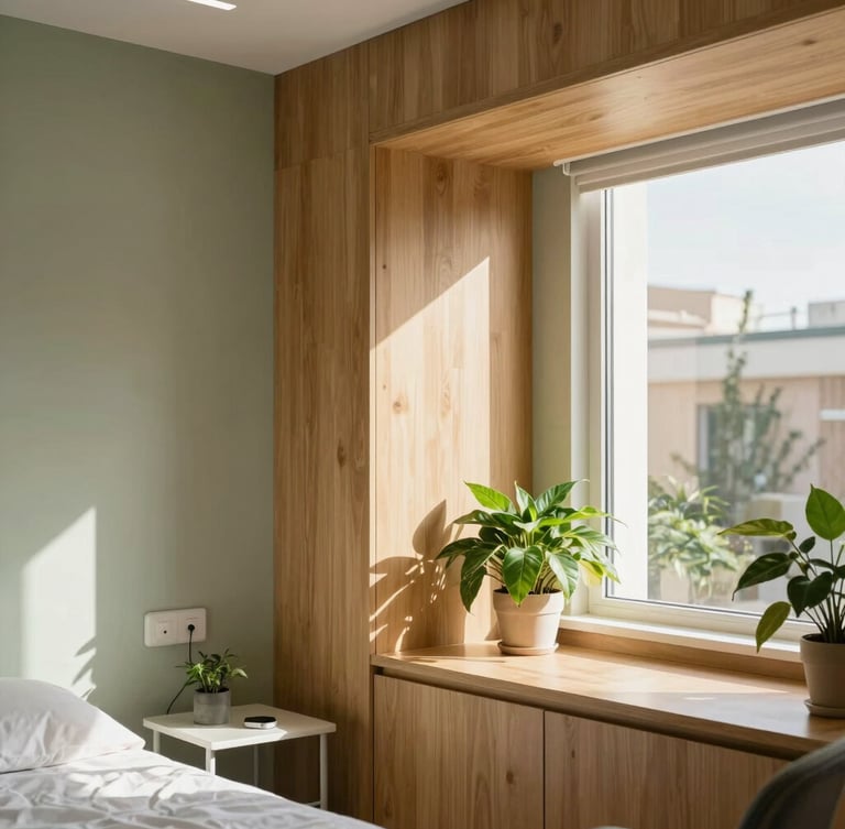 Architectural detail of a bright, sunlit medical consultation room in Madrid, warm oak wood accents, lush green plants, soft natural daylight streaming through a large window, calm sage and sand tones, warm editorial photography, 35mm lens.