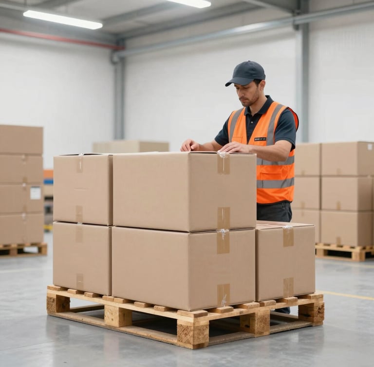 Clean industrial photography of a bright high-key warehouse interior, a worker in a safety vest inspecting consolidated boxes on a wooden pallet, sharp focus, 35mm