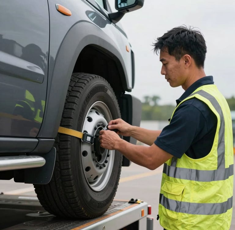 Close-up shot of a professional tow truck operator in high-visibility safety gear securing a wheel-strap hookup on a modern vehicle, clean setup, overcast daylight.