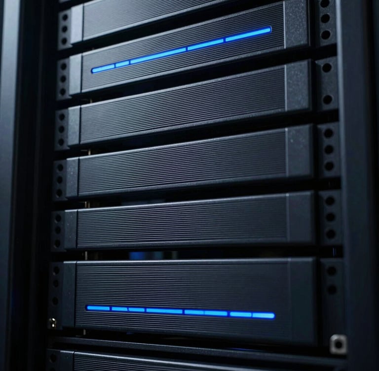 Extreme close-up of high-density optical storage units with cool blue accent lighting, in a dark server rack, brutalist sci-fi photography, high-contrast shadows.