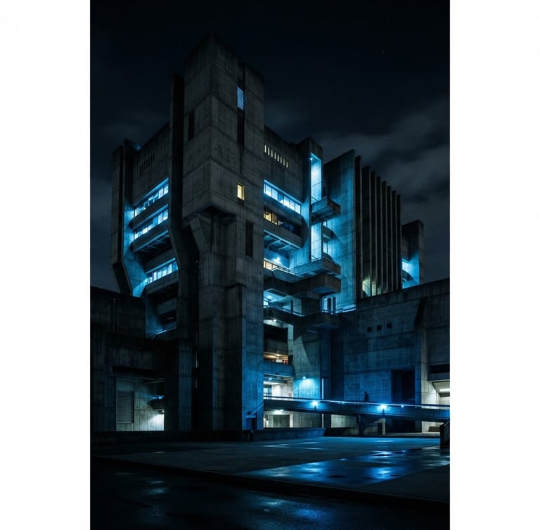 High-contrast portrait of a brutalist research facility, sharp blue accent lighting, dark cinematic sci-fi photography, 35mm lens, low horizon