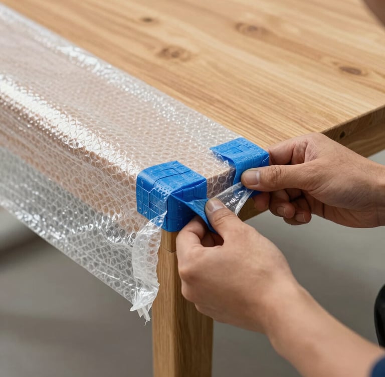 Close-up of professional moving hands wrapping a wooden table corner with thick double-layer bubble wrap and blue corner protectors, bright daylight.