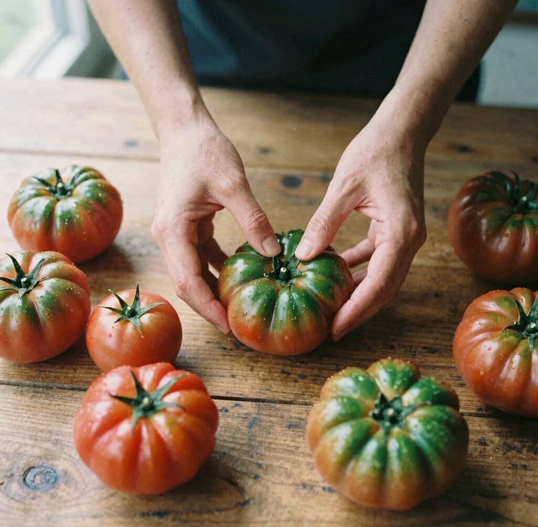 Overhead flat-lay of hands sorting heirloom tomatoes on a rustic wooden table, soft natural window light, deep crimson tones, 35mm film style