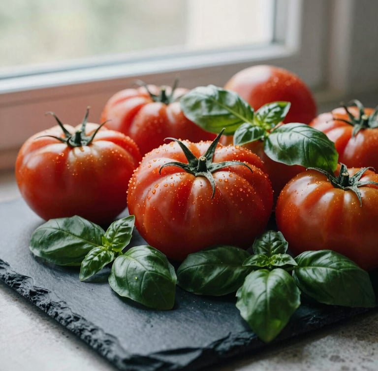 Close-up of vibrant heirloom tomatoes and fresh basil leaves on a dark slate counter, dramatic natural window light, 35mm film style