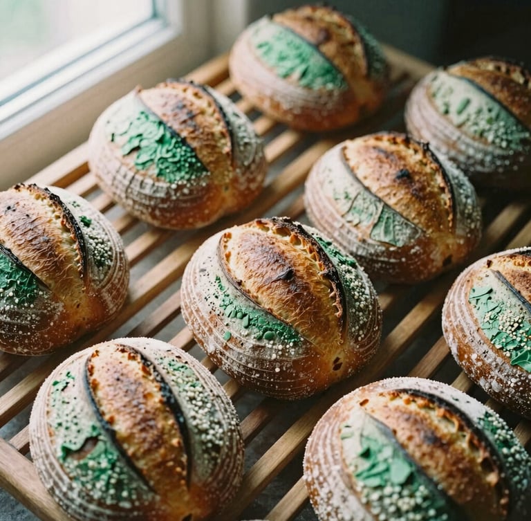 Overhead shot of freshly baked sourdough loaves cooling on a rustic wooden rack, soft natural side-light, 35mm film style