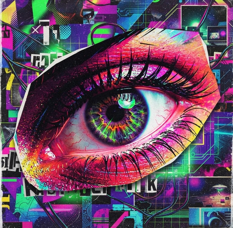 Colagem digital vibrante de um olho humano com reflexos de neon verde e roxo, estilo pop art de alto contraste, elementos gráficos ousados, estética retro-futurista, 35mm, ângulo holandês.