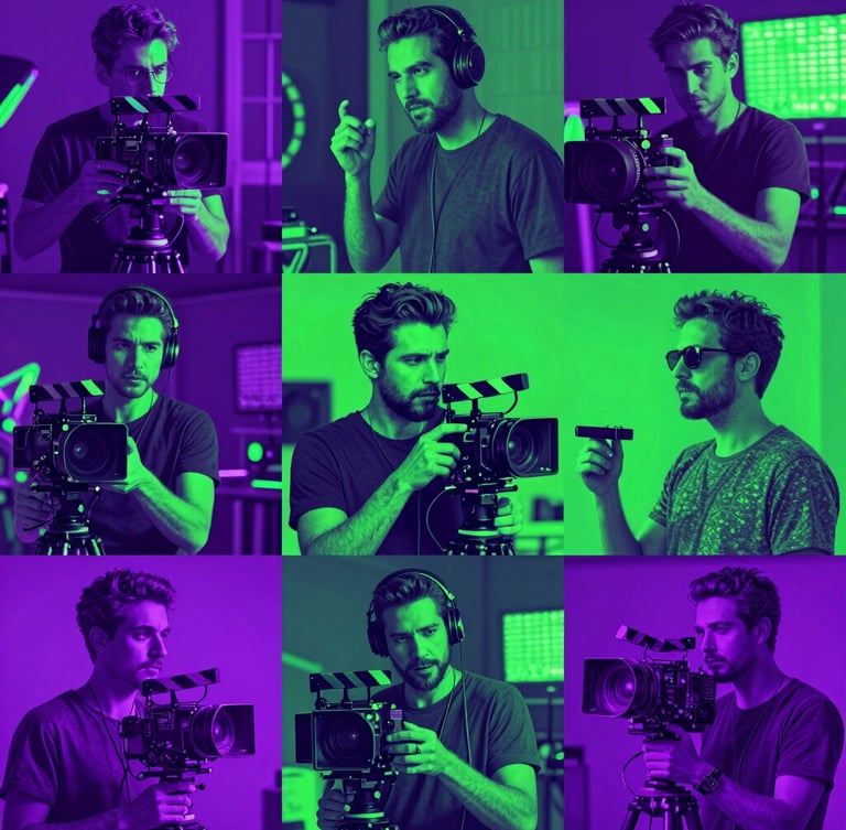 Colagem digital vibrante de um diretor de cinema em um set caótico, com elementos de neon verde e roxo, estilo pop art de alto contraste, 35mm, ângulo holandês, luzes dramáticas.