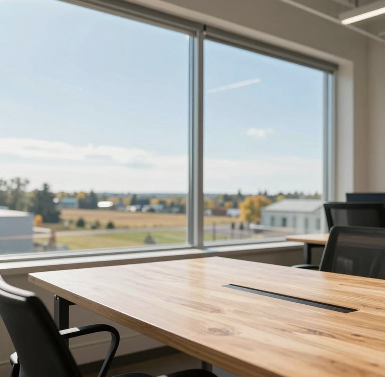 Bright natural daylight photo of a modern tech workspace in Winnipeg, large window showing Manitoba landscape, clean wooden table, 35mm