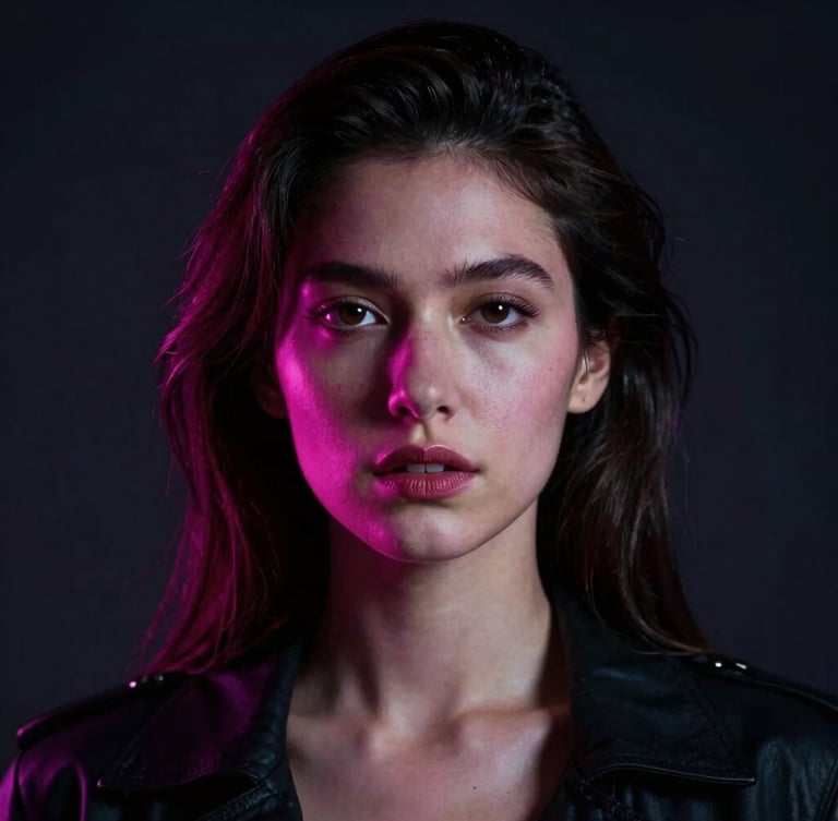 Cinematic portrait of a beautiful woman with neon magenta rim lighting, dramatic studio setting, high contrast dark tones, 85mm