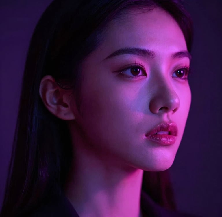 Close-up portrait of a gorgeous model under moody violet and magenta studio lights, looking thoughtfully off-camera, cinematic adult photography