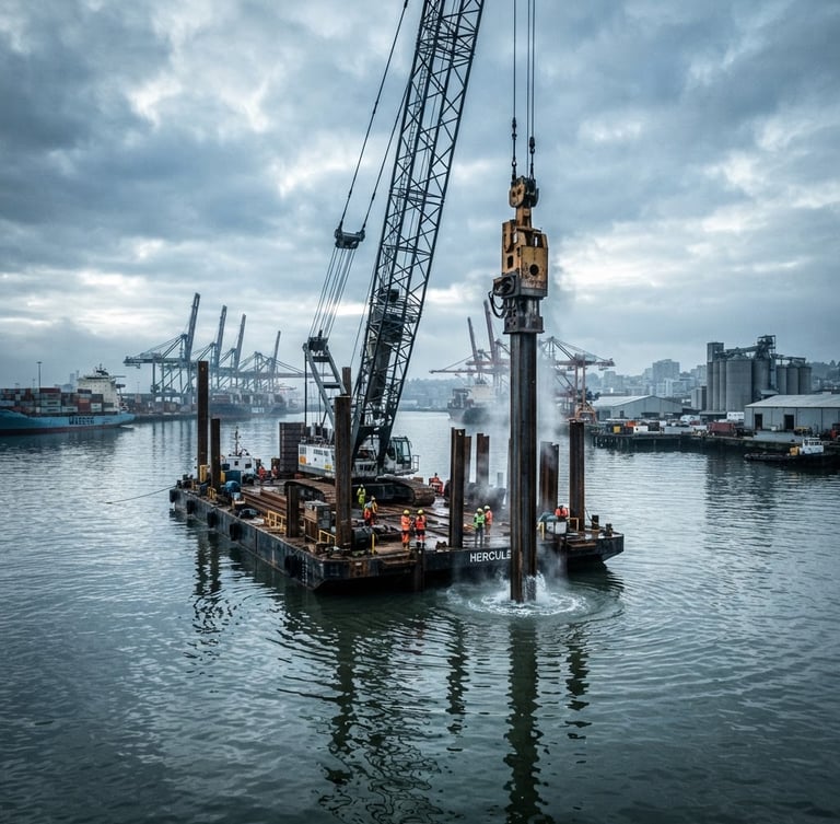 Wide environmental shot of a massive crane barge driving steel piles into the harbor floor at sunrise, industrial crane, water reflections, high-contrast, desaturated steel blues