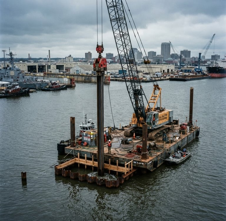 Wide environmental shot of an Alligator Engineering crane barge driving heavy steel piles in Norfolk harbor under overcast coastal daylight