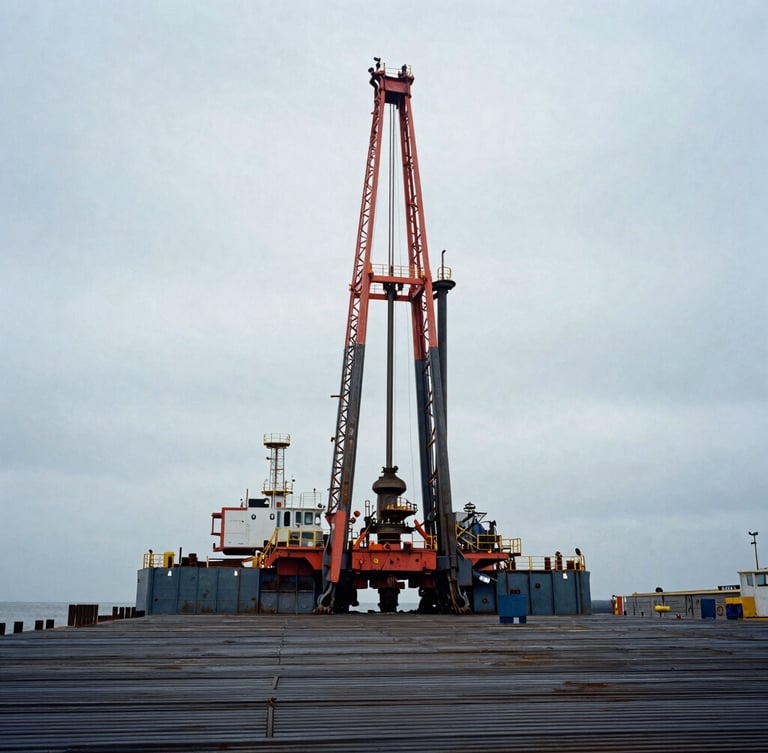 Industrial marine photography of a heavy pile driving rig driving steel sheets into a coastal bulkhead, overcast daylight, desaturated steel blues, 35mm.