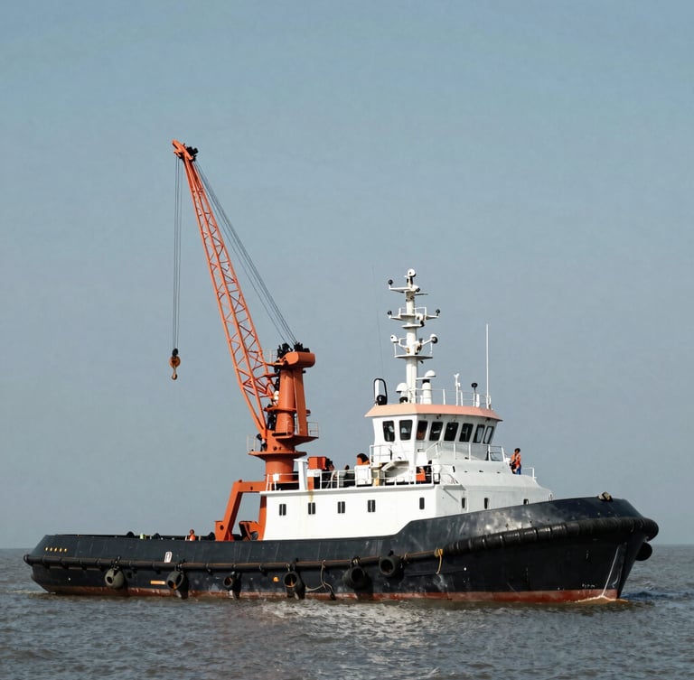 A heavy steel tugboat pushing a loaded crane barge with concrete pilings, high-contrast midday sun, desaturated steel blues