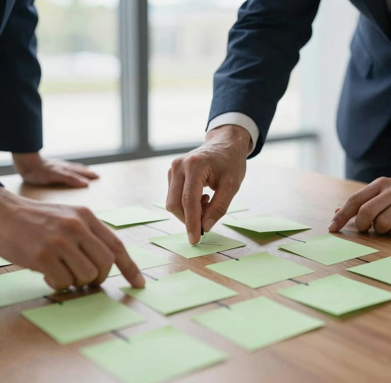 Close-up of hands mapping a business process workflow on a table with sticky notes, natural window light, professional and collaborative atmosphere, 35mm lens.
