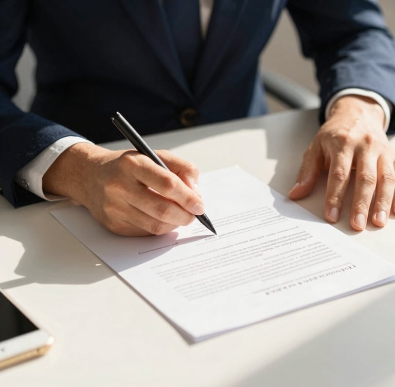 Close-up of hands signing documents on a clean modern desk, warm sunlight, professional setting, shallow depth of field