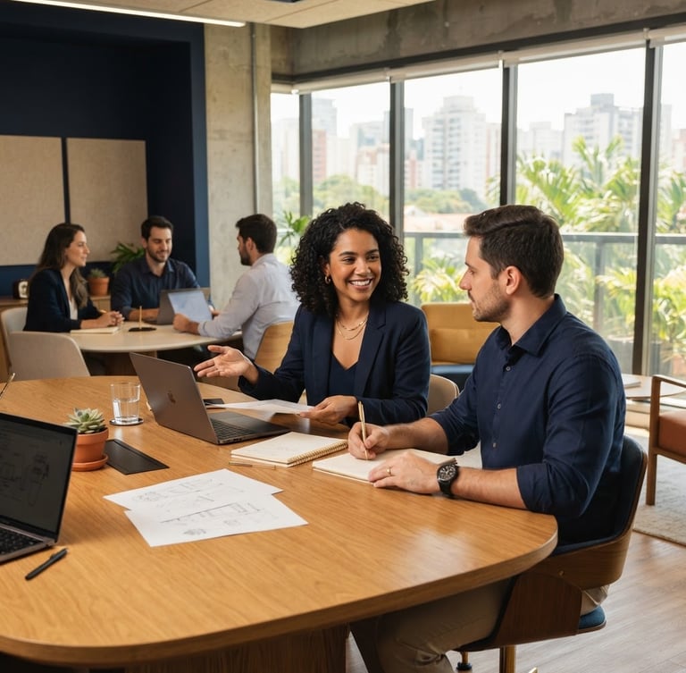 Modern sunlit Brazilian office environment, professional collaborative meeting, bright natural daylight, deep navy and warm gold tones, shallow depth of field
