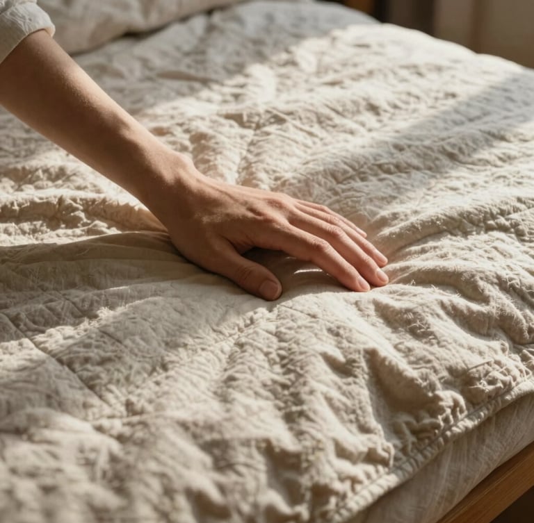 Hands touching raw undyed cotton quilt laid on a low wooden bed, warm low-angle afternoon sun casting deep shadows, macro detail, 35mm