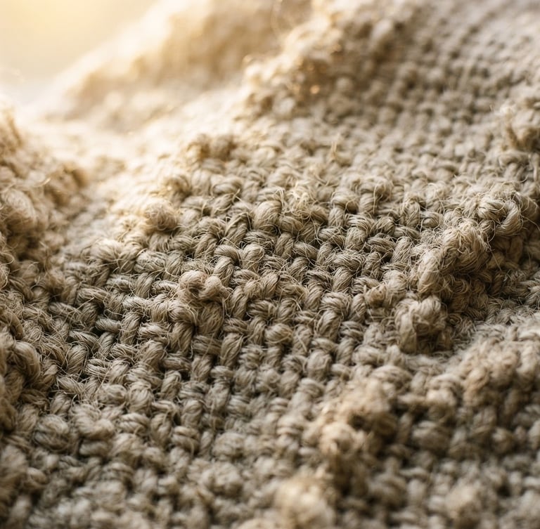 Macro detail shot of coarse, undyed heavy linen fabric, showing thick irregular threads and rich tactile weave under warm afternoon window light, 35mm