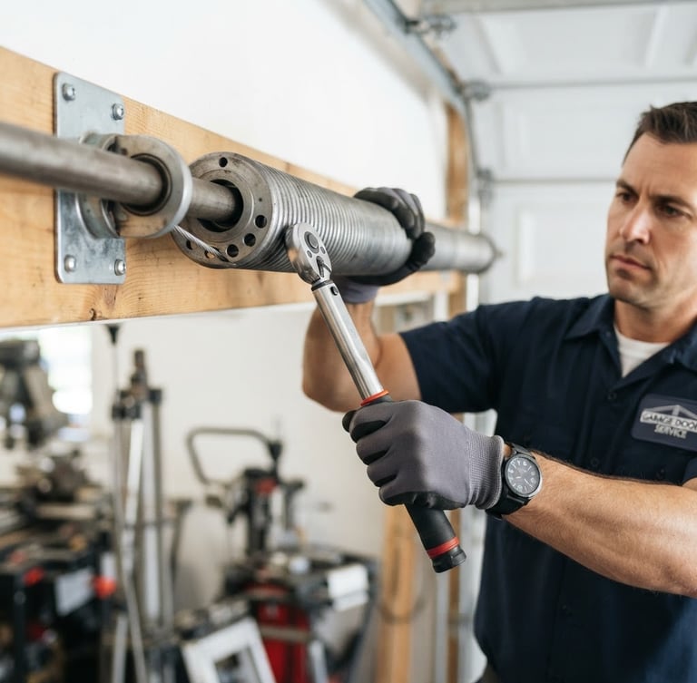 Professional garage door technician in a clean uniform, inspecting a torsion spring with a torque wrench, bright workshop light, focused on the hands and tool.