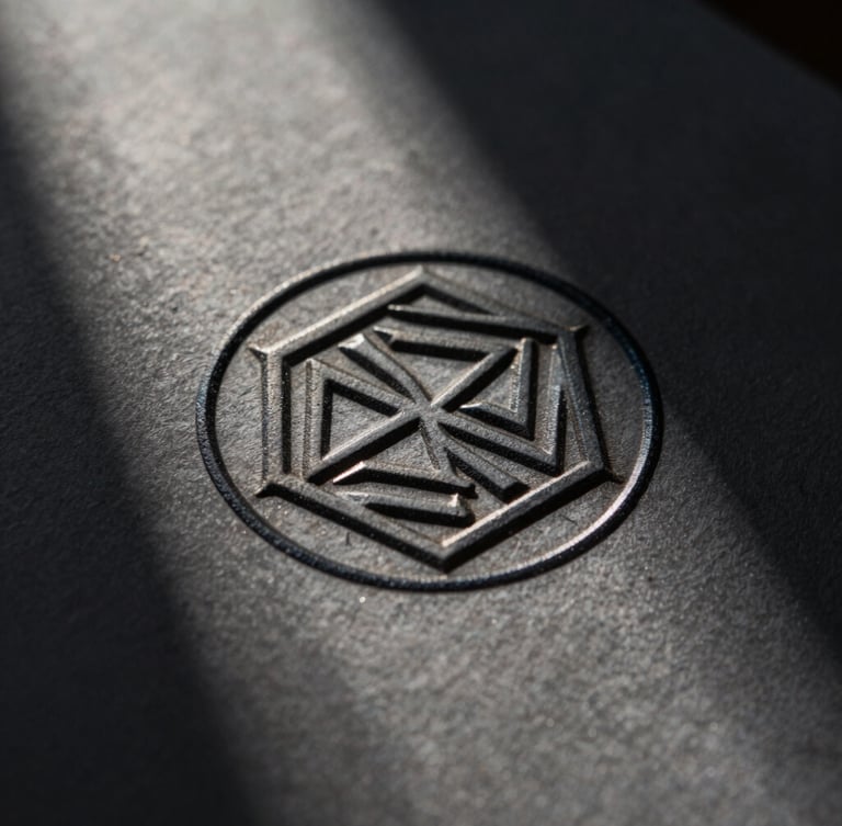 Macro close-up of a heavy-gauge dark paper with a blind-debossed geometric seal, sharp directional light casting deep shadows, high-contrast chiaroscuro.