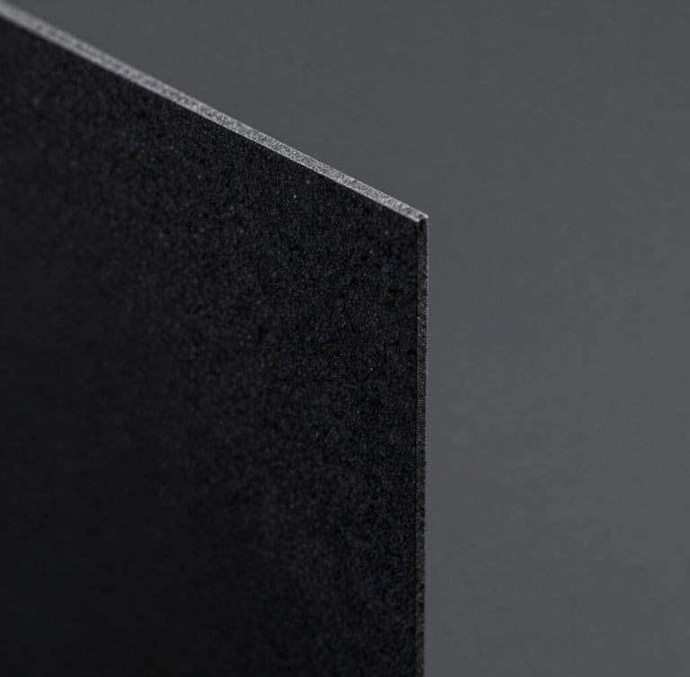 Extreme macro close-up of a heavy-gauge dark obsidian paper edge, sharp raking light from the side revealing rich tactile texture, deep shadows, minimalist architectural feel.