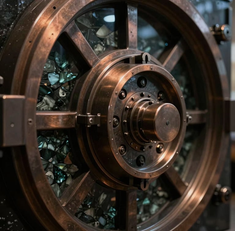 Macro close-up of a heavy-gauge obsidian vault door mechanism, low-key chiaroscuro lighting, sharp metallic edges catching directional bronze light, deep shadows.