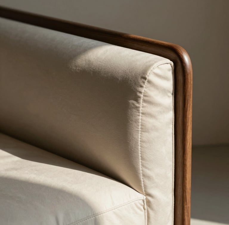 A close-up of tight, hand-stitched silk upholstery on a curved walnut frame, soft directional north-facing daylight casting deep shadows, minimalist background.