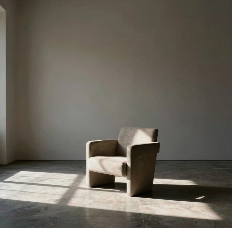 A tall portrait of a minimalist, high-ceilinged gallery room. A single sculptural armchair sits isolated in directional north-facing daylight, casting a long shadow on the stone floor.