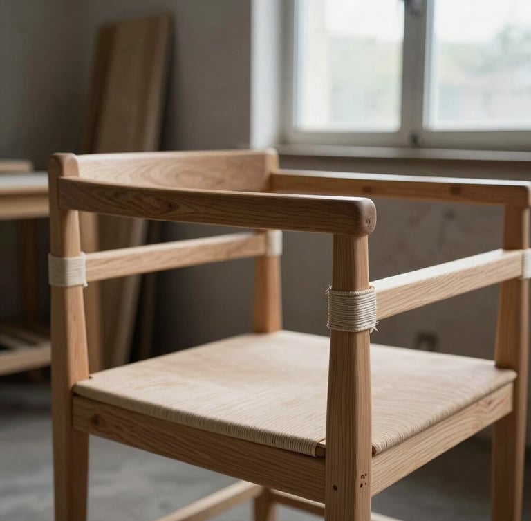 A close-up of an exposed solid beechwood armchair frame, showcasing complex double-dowelled joints and linen webbing held under extreme tension, soft directional daylight from a single workshop window.