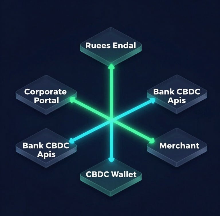 Detailed schematic diagram illustrating Kubbera's platform architecture, showing connections between Corporate Portal, Rules Engine, Bank CBDC APIs, CBDC Wallet, and Merchant systems. Glowing emerald and cyan lines represent data flow on a dark navy background, clean geometric glassmorphism, isometric perspective.