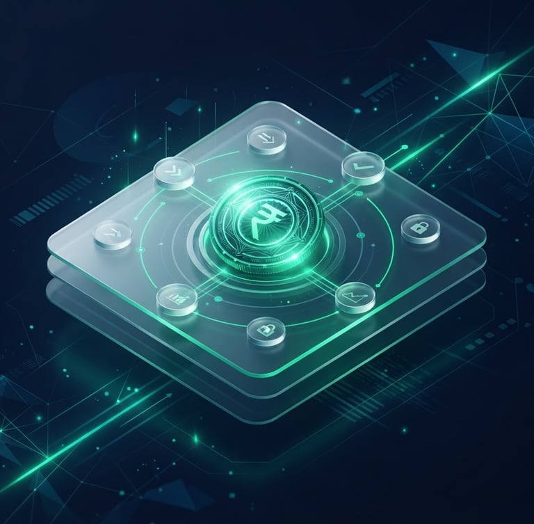 Sleek 3D render of an employee digital wallet interface, displaying a programmable digital rupee token with an emerald green glow, dark navy background, glassmorphism elements, isometric perspective. Focus on clarity and secure transaction details. No text.