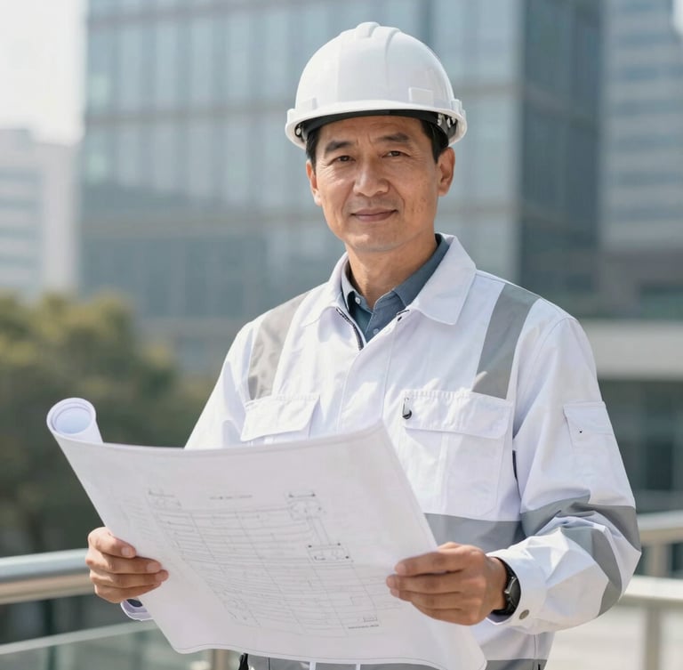 Dignified portrait of a technical engineer in clean safety gear holding a blueprint, bright natural daylight, professional corporate photography, clean high-contrast tones.