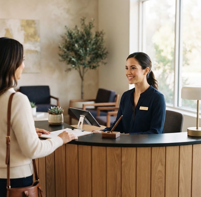Elegant medium-close up of a modern medical clinic reception desk, soft natural window light, warm interior architectural accents, minimalist design, shallow depth of field, 35mm