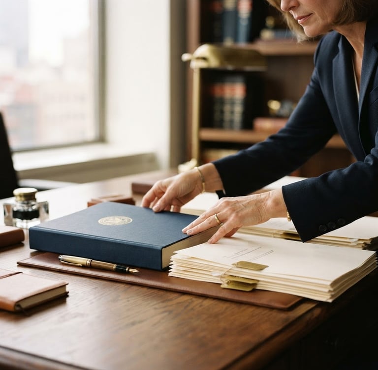 Elegant close-up of a lawyer's hands arranging high-quality legal documents on a dark oak desk, warm architectural side lighting, shallow depth of field, 35mm