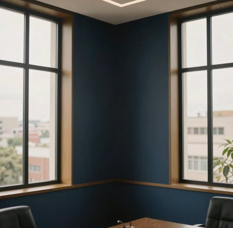Symmetrical interior of a modern, sophisticated law office in Maringá, large windows showing soft natural daylight, minimalist decor, deep navy and gold accents, 35mm